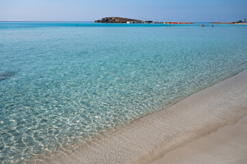 Fototapeta na wymiar Panoramic view on blue crystal clear water on Mediterranean sea on Nissi beach, Ayia Napa, Cyprus