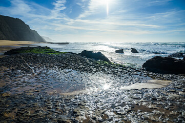 Magoito Beach, beautiful sandy beach on Sintra coast, Lisbon district, Portugal, part of Sintra-Cascais Natural Park with natural points of interest