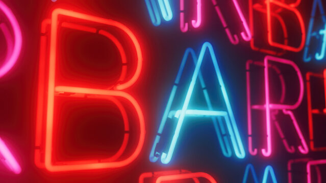 Colorful Bar Neon Sign on a reflective background. 3d illustration