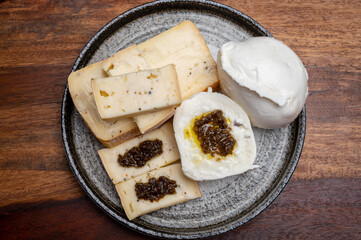 Italian cheese collection, yellow taleggio cheese and mozzarella with black truffles mushrooms