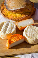 Variety of goat, sheep, cow cheeses made with paprika, herbs served with bread in Portugal