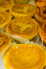 Baked sweet desserts cakes on display in balery in Lisbon, Portugal