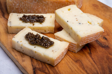 Italian cheese collection, yellow taleggio cheese with black truffles mushrooms