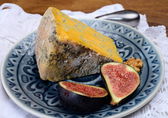 Cheese collection, English old shropshire blue cheese close up