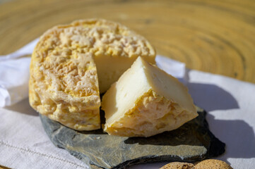 Tasting of local portuguese matured cheese queijo serpa,  Setubal area, Portugal