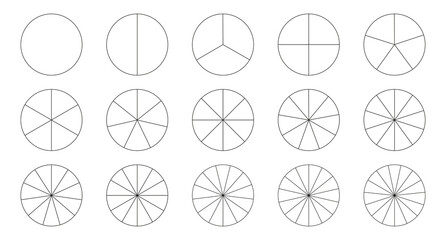 Segment slice icon. Pie chart template. Circle section graph line art. 1,2,3,4,5,6,7,8,9,10,11,12,13,14,15 segments infographic. Diagram wheel parts. Geometric element.