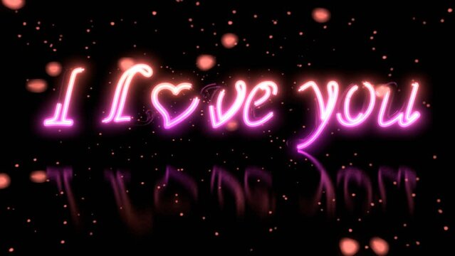 Neon Lights on reflective surface "I love you" with a heart as the "o". 3D rendered Animation