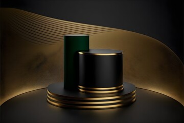 hintergrund, produkt, podium, schwarz, gold, podest, display, werbung, eleganze, trib&uuml;ne, schaufenster, stage, plattform, entwerfen, raum, leer, modern, minimal, vorlage, 3d, szene, gr&uuml;n, pr&auml;sentation
