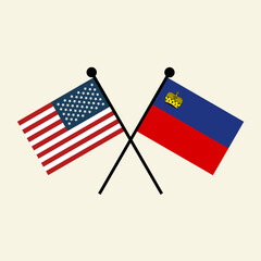 Flags of USA America and Liechtenstein with crossed position. Two national flag icons for symbol of agreement, cooperation, bilateral, negotiation, alliance, and politics.