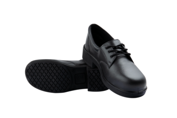 Photo of black leather shoes with laces, this photo has a white background