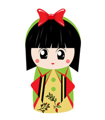 Japanese kokeshi doll in green outfit, with a hoop on her head. Vector illustration, isolated on white background