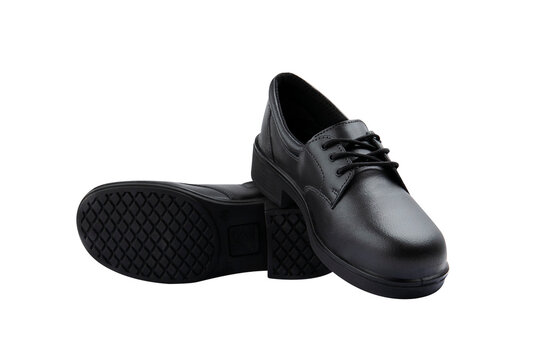 Photo of black leather shoes with laces, this photo has a white background