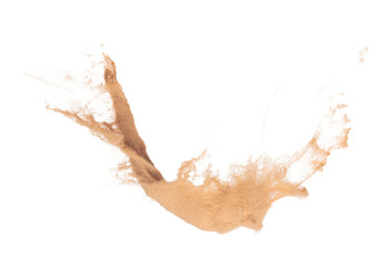 Small Fine size Sand flying explosion, Golden grain wave explode. Abstract cloud fly. Yellow colored sand splash throwing Air. White background Isolated high speed shutter, throwing freeze stop motion © Jade