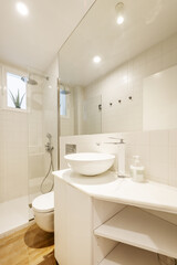 Fototapeta na wymiar Bathroom with white wood cabinets, white porcelain hemispherical sink, large built-in mirror, and glass-enclosed shower stall