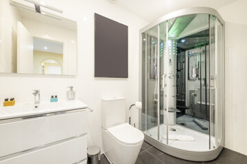 Bathroom with built-in mirror, white chest of drawers with sink and galactic shower cabin with jets, RGB lights, FM radio, seat and mirrors