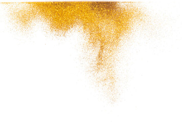 Fototapeta na wymiar Explosion metallic gold glitter sparkle bokeh isolated white background decoration. Golden Glitter powder spark blink celebrate, blur foil part explode in air, fly throw gold glitters particle shape