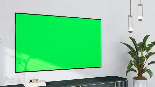 Smart TV  with chroma key in modern interior background. On top of that, there are decorations. Template, 4K 3D rendering, 3D illustration animation