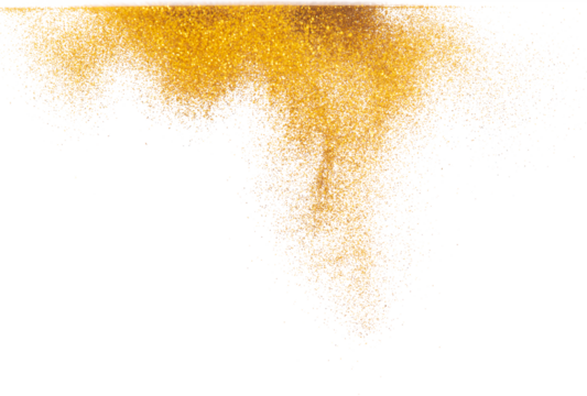 Explosion metallic gold glitter sparkle bokeh isolated white background decoration. Golden Glitter powder spark blink celebrate, blur foil part explode in air, fly throw gold glitters particle shape