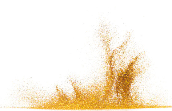 Explosion metallic gold glitter sparkle bokeh isolated white background decoration. Golden Glitter powder spark blink celebrate, blur foil part explode in air, fly throw gold glitters particle shape