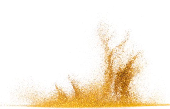 Explosion metallic gold glitter sparkle bokeh isolated white background decoration. Golden Glitter powder spark blink celebrate, blur foil part explode in air, fly throw gold glitters particle shape