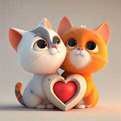 Fototapeta premium Cats couple in love with hearts, valentine's day card 3d render illustration