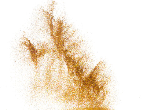Explosion metallic gold glitter sparkle bokeh isolated white background decoration. Golden Glitter powder spark blink celebrate, blur foil part explode in air, fly throw gold glitters particle shape