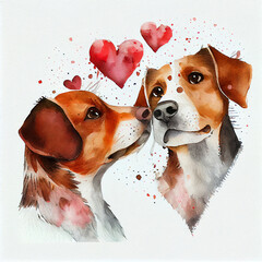 Cute dogs couple in love with hearts, watercolor illustration