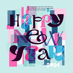 2024 Happy New Year numbers with poster color banner. Simple 2024 Happy New Year logo text design for cover. Number design template. Greeting banner. Trendy vector for branding, cover, card, banner.