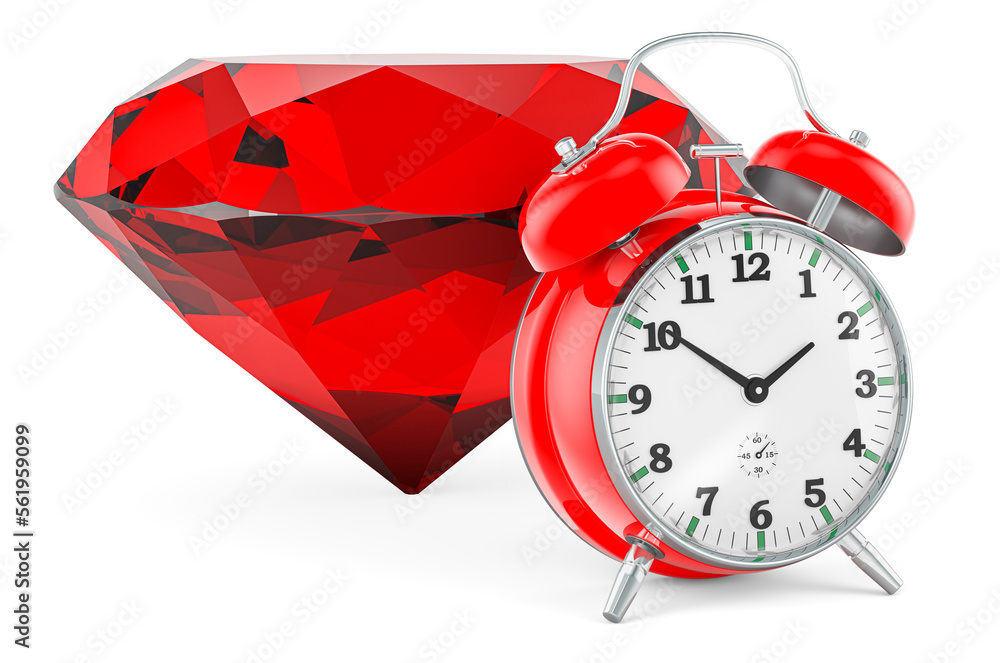 Poster red gem with alarm clock. 3d rendering