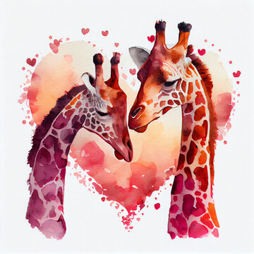 Cute giraffe couple in love with hearts, valentine's day card, watercolor illustration