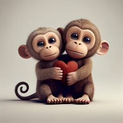 Cute monkey or ape couple in love with hearts, 3d render cartoon illustration