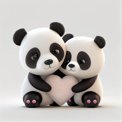 Cute panda bear couple in love with hearts, 3d render cartoon illustration