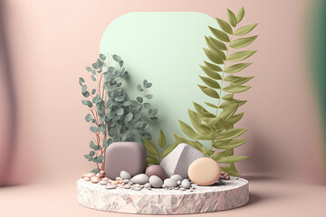 Premium paper podium with natural stones, pebbles, and plant branches on a pastel background. Mockups for product presentations, therapy, relaxation, and health are used. Generative AI