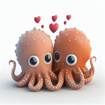 Cute octopus couple in love with hearts, 3d render cartoon illustration