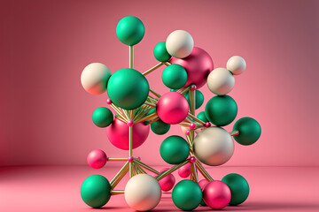 a chemical molecular arrangement of colorful Christmas balls. Scientific minimalism for the new year with a pink background. Generative AI