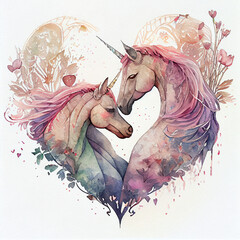 Cute unicorn couple in love with hearts, valentine animals, watercolor illustration