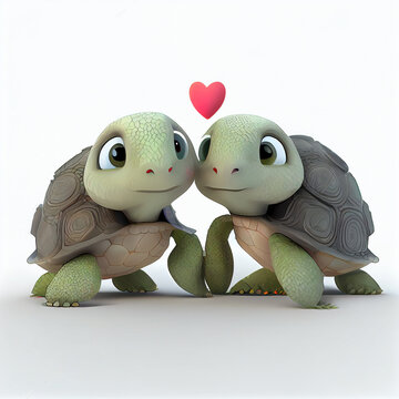 Cute turtle couple in love with hearts, valentine animals, 3d render illustration