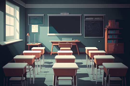 Empty classroom with chairs, desks and chalkboard. Generative AI