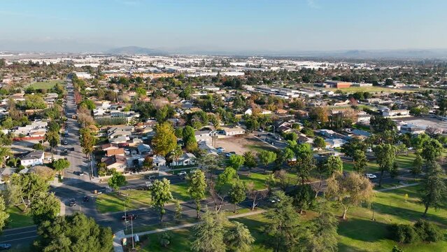 Aerial view of Ontario city in California with mountains in the background, California, USA