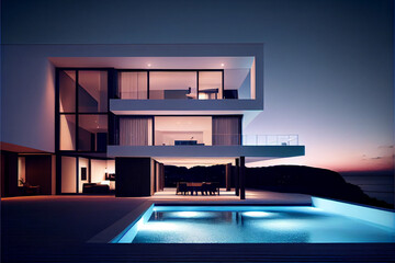 Beautiful residential villa. Modern architecture with swimming pool, a tree and sea view while sunset. Generative AI illustration