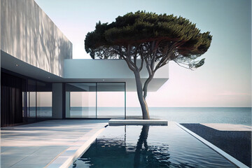 Beautiful residential villa. Modern architecture with swimming pool, a tree and sea view. Generative AI illustration