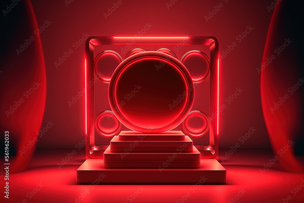 Poster square product display in red neon light with a background of circles. pedestal, podium, and stand a