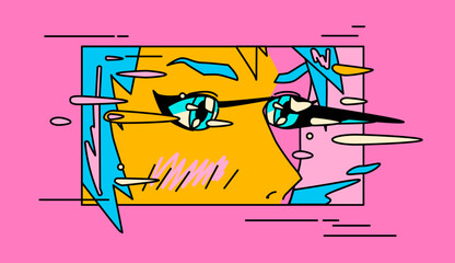 Vaporwave style illustration of a big sparkling anime eyes of a female cartoon character. Print for a t-shirt, poster, cover.
