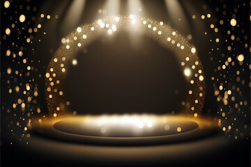 Golden confetti on empty festive stage with light. Generative AI illustration