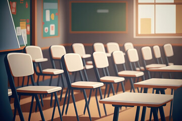 School classroom closed in blur background without young student; Blurry view of empty examination class room no kid or teacher with chairs and tables in campus university. Generative AI