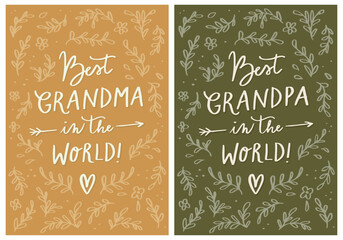 Cute Vintage Style Illustrations To Celebrate Grand Parents Day. Set Of Two Greeting Cards For Grandma And Grandpa. Hand Drawn Floral Doodle Pattern In The Background.