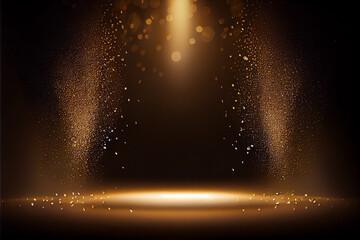 Golden confetti on empty festive stage with light. Generative AI illustration