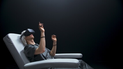 Futuristic man pushing virtual buttons closeup. Male person touching interface