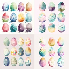 Beautiful watercolor easter eggs collection set on a white background. Digital Art Illustration