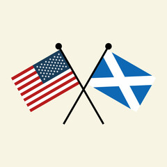 Flags of USA America and Scotland with crossed position. Two national flag icons for symbol of agreement, cooperation, bilateral, negotiation, alliance, and politics.